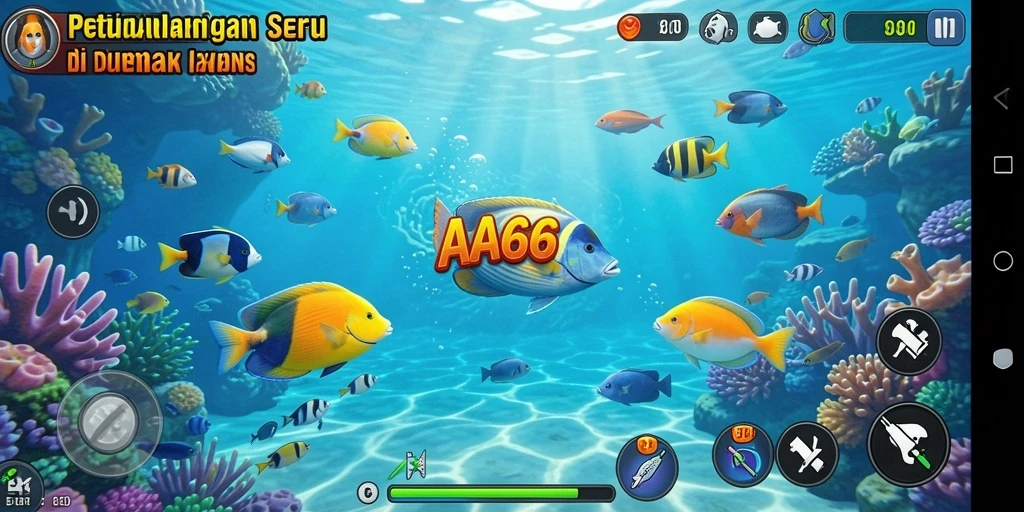 Screenshot gameplay AA666 yang menampilkan aksi menangkap ikan yang seru.