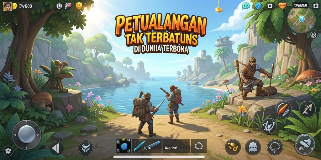 Screenshot gameplay CW8888 menampilkan petualangan di dunia terbuka yang luas.