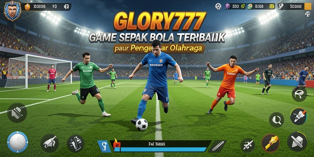 Screenshot utama GLORY777 menampilkan aksi seru bermain sepak bola.