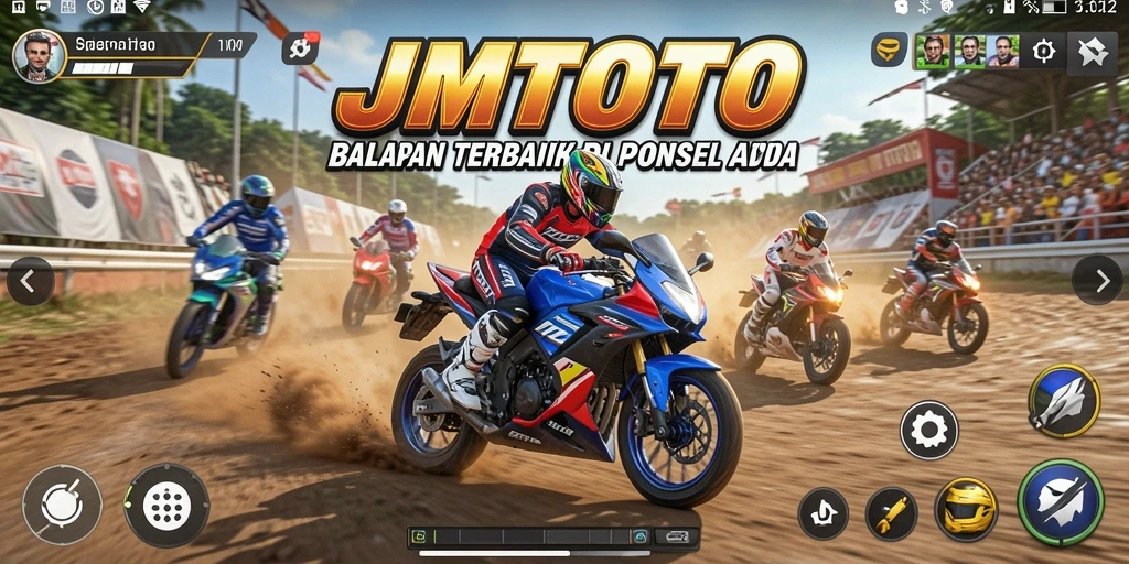 Screenshot utama JMTOTO menampilkan balapan motor yang penuh aksi dan seru.