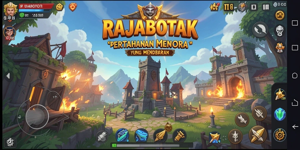 Screenshot gameplay RAJABOTAK dengan menara dan musuh yang mencolok.