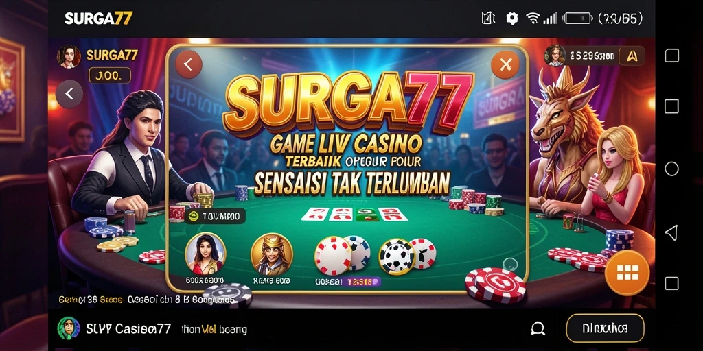 Screenshot SURGA77 menampilkan dealer live dan suasana permainan yang mendebarkan.