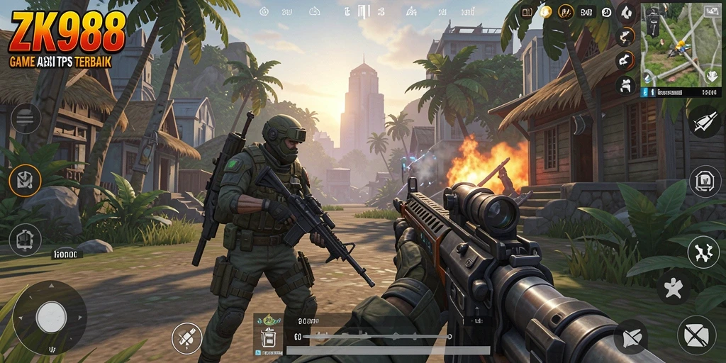 Screenshot gameplay ZK988 menampilkan aksi seru dalam pertempuran TPS.